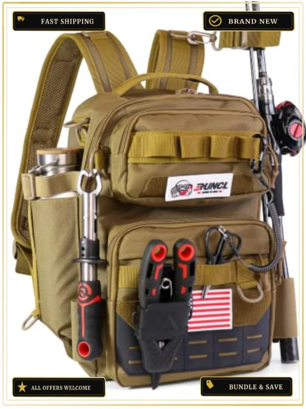 Fishing Tackle Backpack, 600D Oxford Gear Bag, Padded Straps, Multi-Pocket